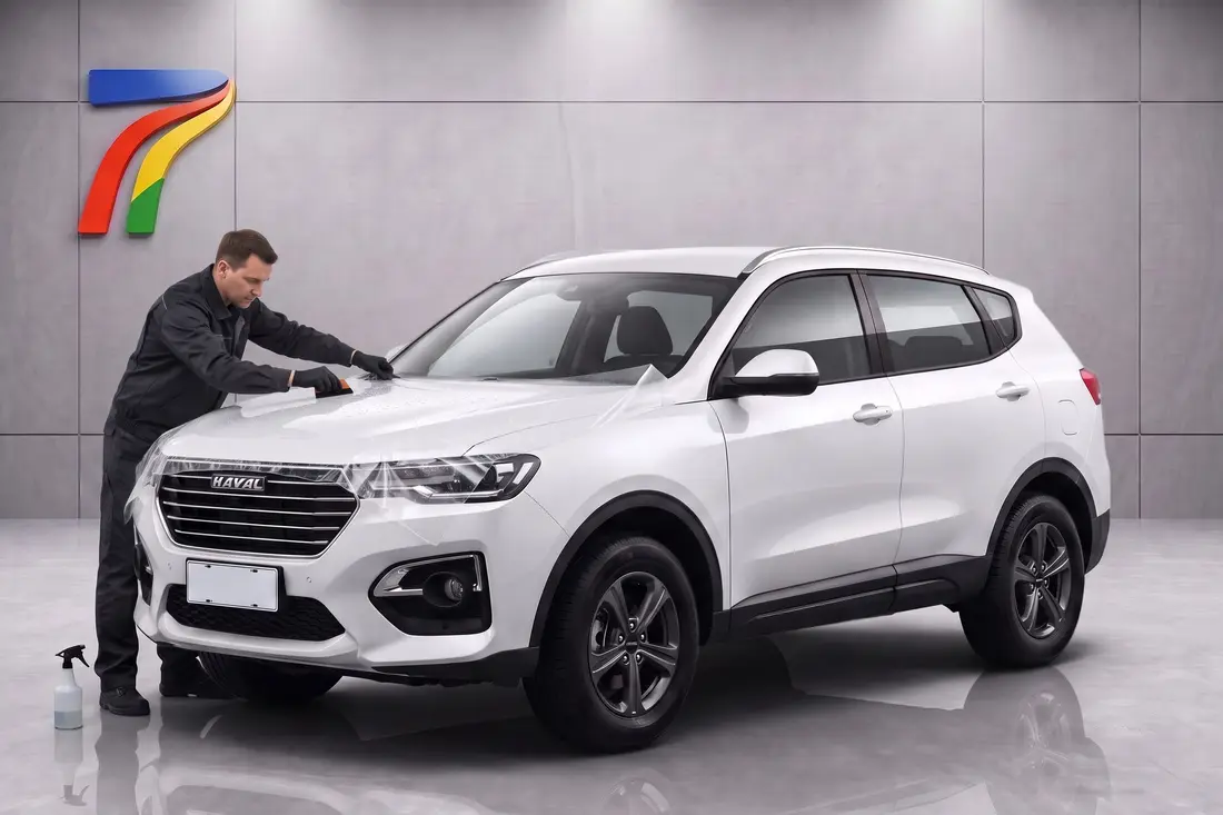 Мастер клеит плёнку на капот Haval